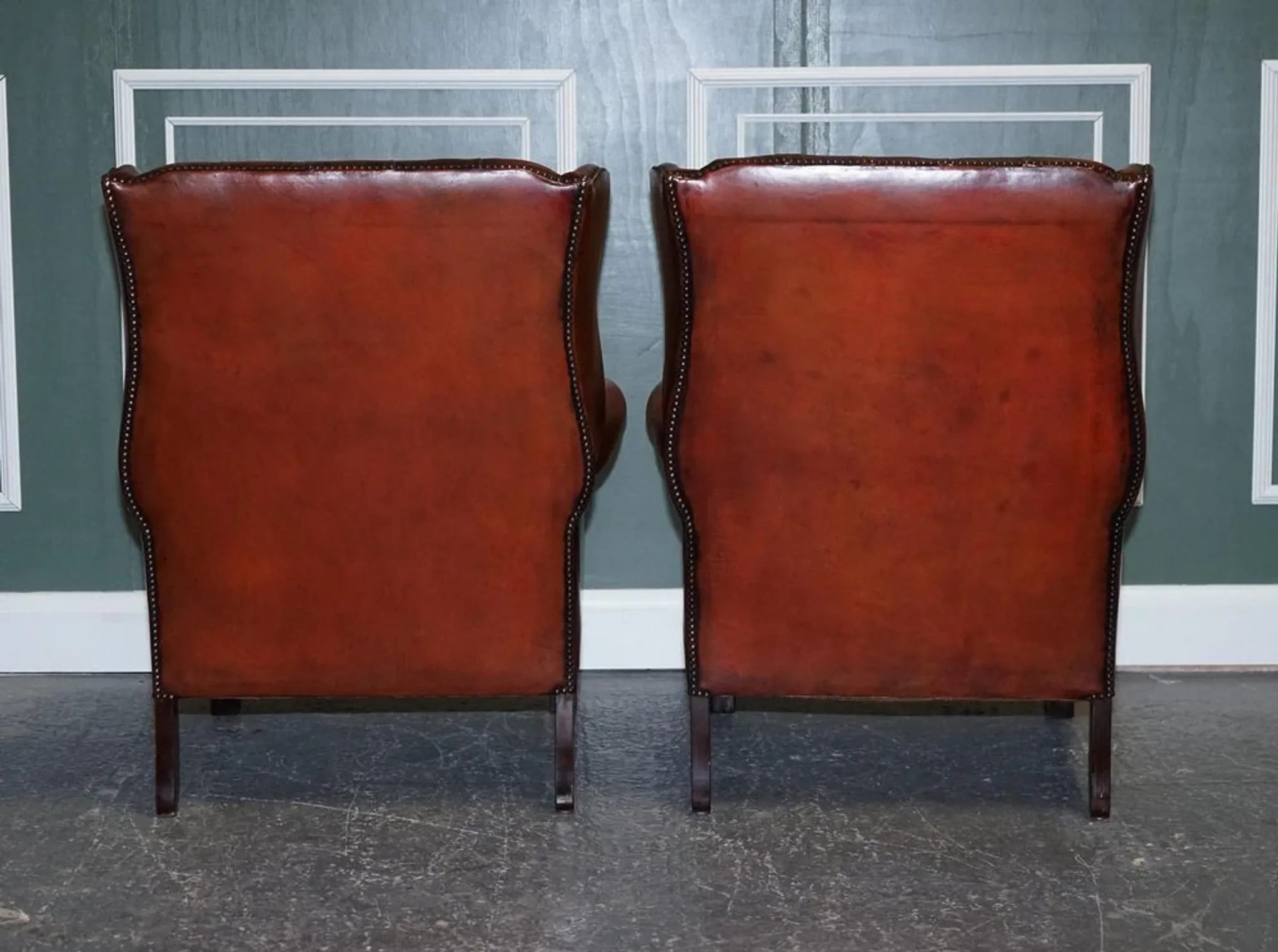 Brown Leather Hand-Dyed Wingback Chairs, Set of 2