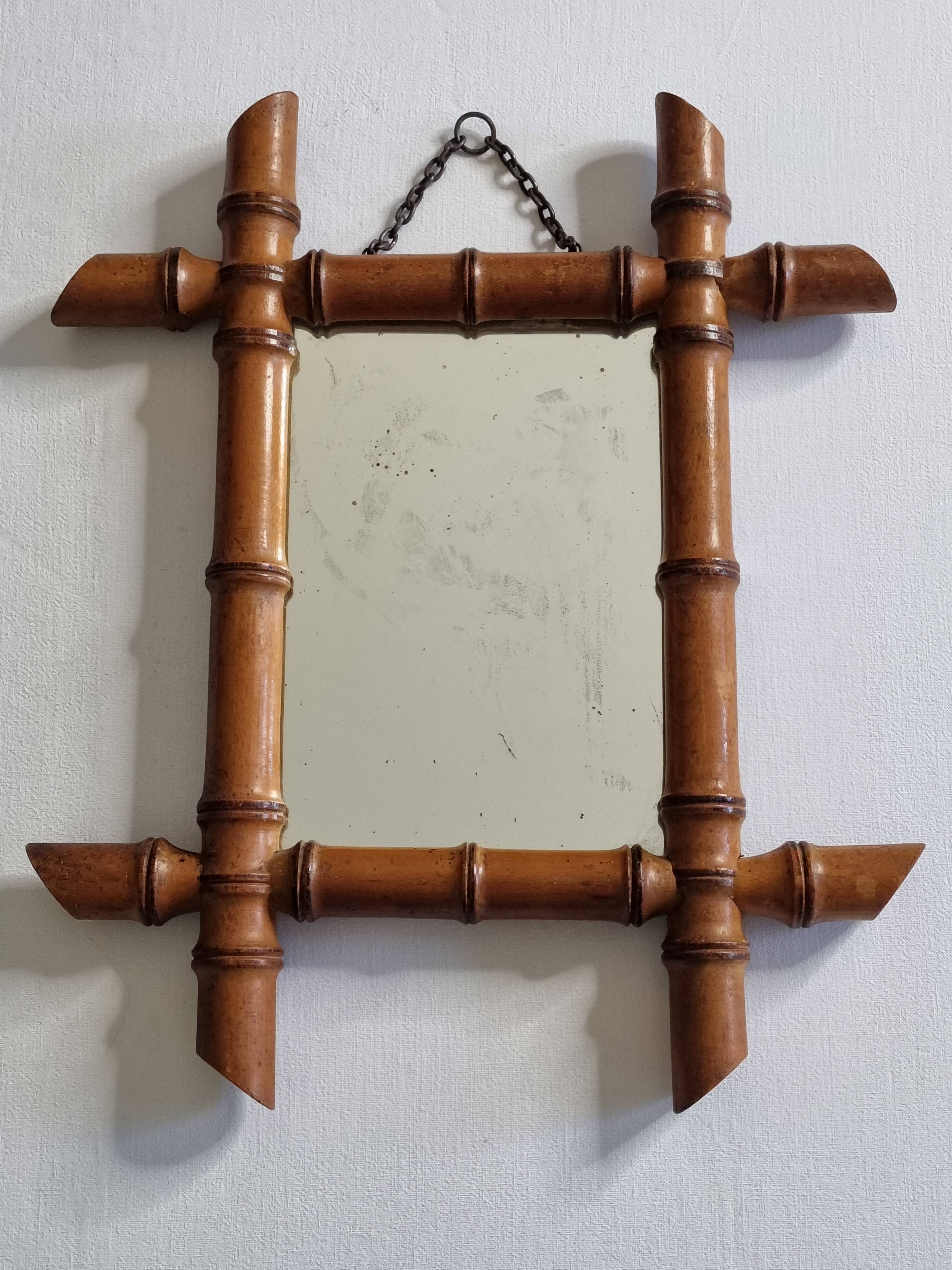 Antique turned wood mirror in bamboo style, late 19th century, 38 x 31 cm