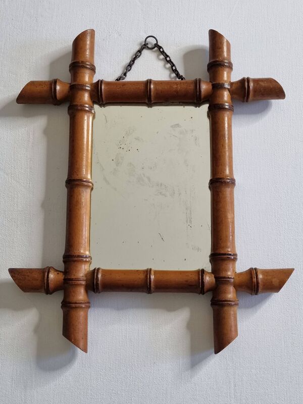 Miroir ancien en bois tourné style bambou, fin XIXe siècle, 38 x 31 cm
