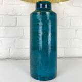 Scandinavian table lamp in porcelain stoneware lampshade raffia, Nymølle pottery, Denmark 1960s