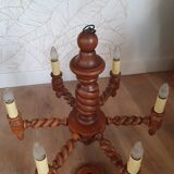 Turned wooden chandelier with 6 branches and its ceiling light