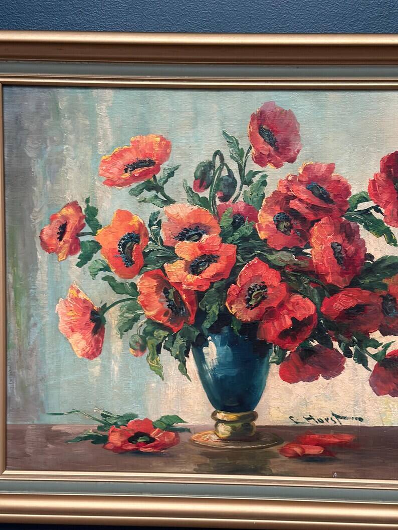 Original Swedish Oil on Canvas – "Red Poppies in a Blue Vase" by C. Horst – Signed – Vintage and Framed – 72 × 62 cm (28.3" × 24.4")