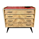 Commode 50's chêne clair pieds compas 4 tiroirs relookée