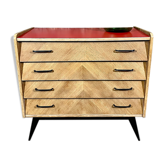 Commode 50's chêne clair pieds compas 4 tiroirs relookée