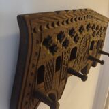 Brutalist style carved wooden coat rack with four hooks