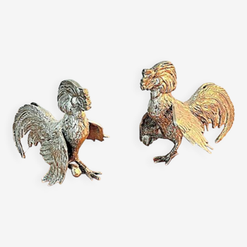 PAIR OF SILVER METAL ROOSTERS – RARE MODEL – EARLY