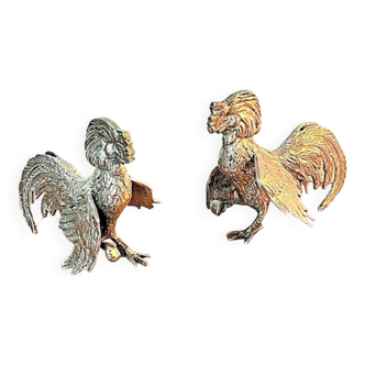 PAIR OF SILVER METAL ROOSTERS – RARE MODEL – EARLY