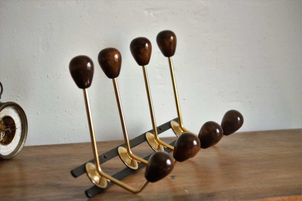 Coat rack varnished wood and gold metal