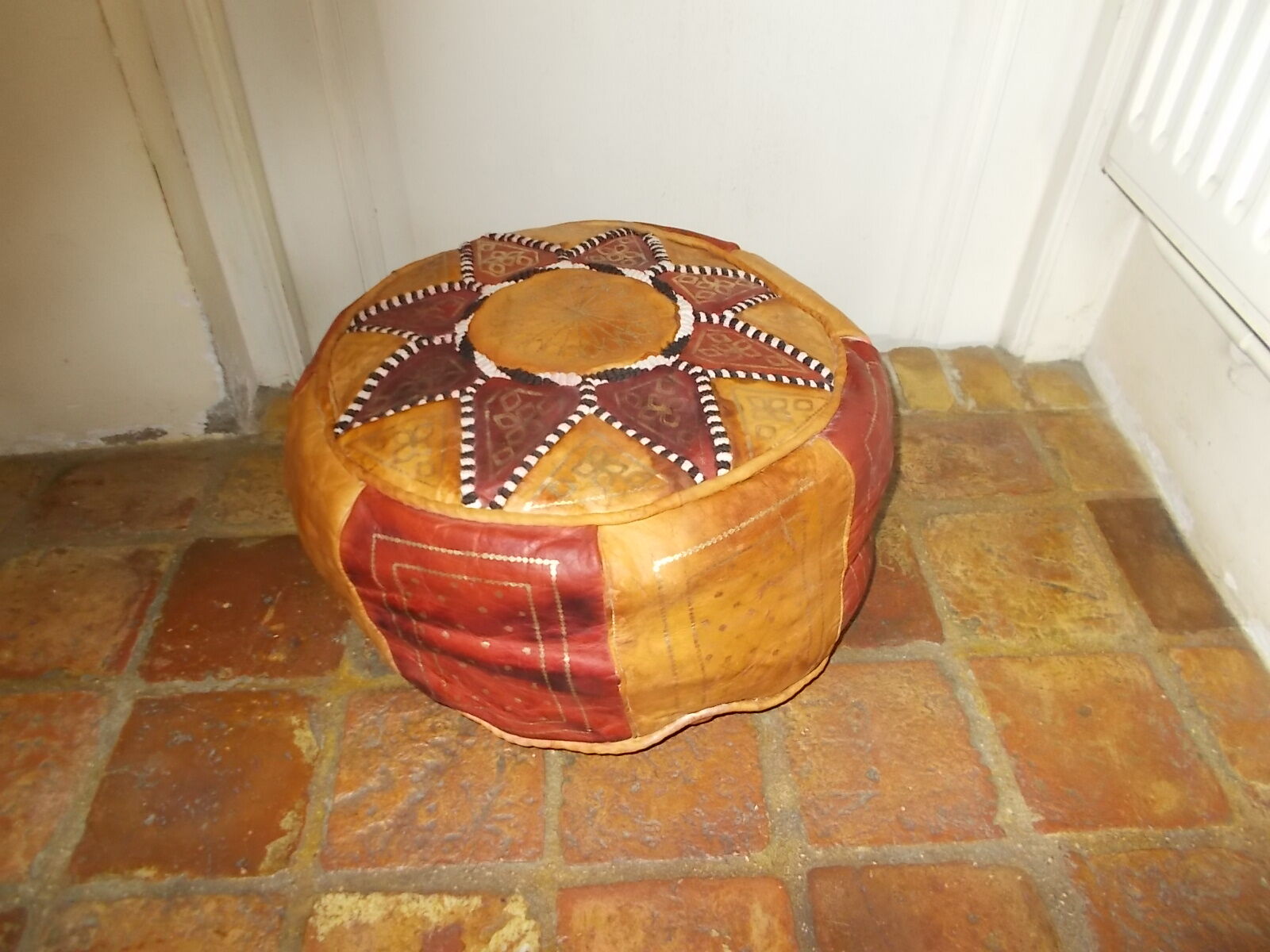 Vintage Moroccan leather pouf