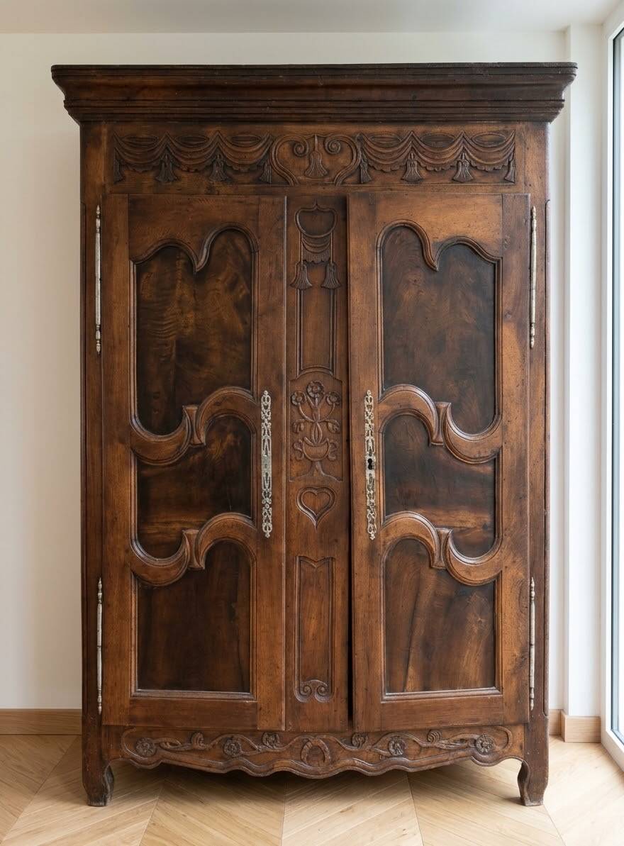 Large antique carved solid wood wardrobe