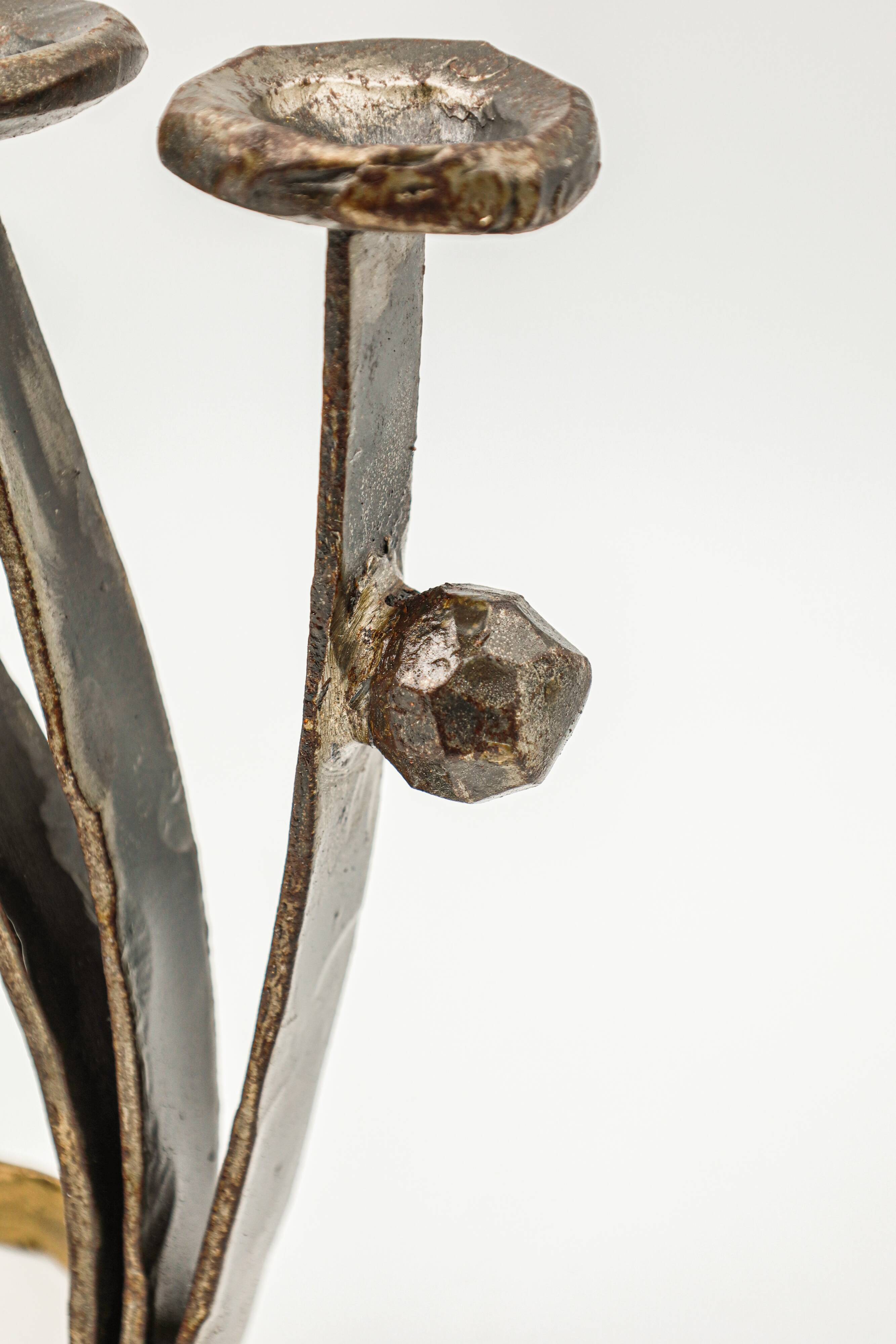 Pair of brutalist wrought iron candlesticks, French work