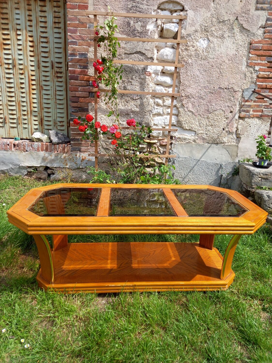 Vintage glass and wood coffee table
