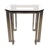 Brushed stainless steel design side table and 70s smoked glass