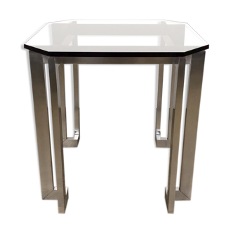 Table d'appoint design en acier inoxydable brossé et verre fumé années 70