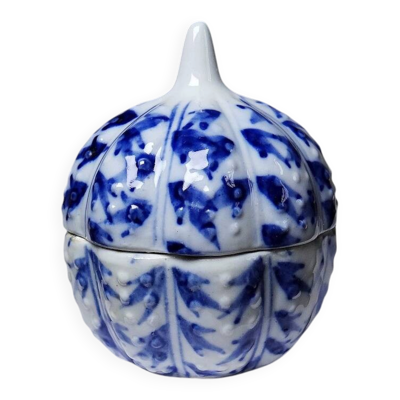 Petite boîte à bijoux en porcelaine Chinoise bleue et blanche peinte main vintag