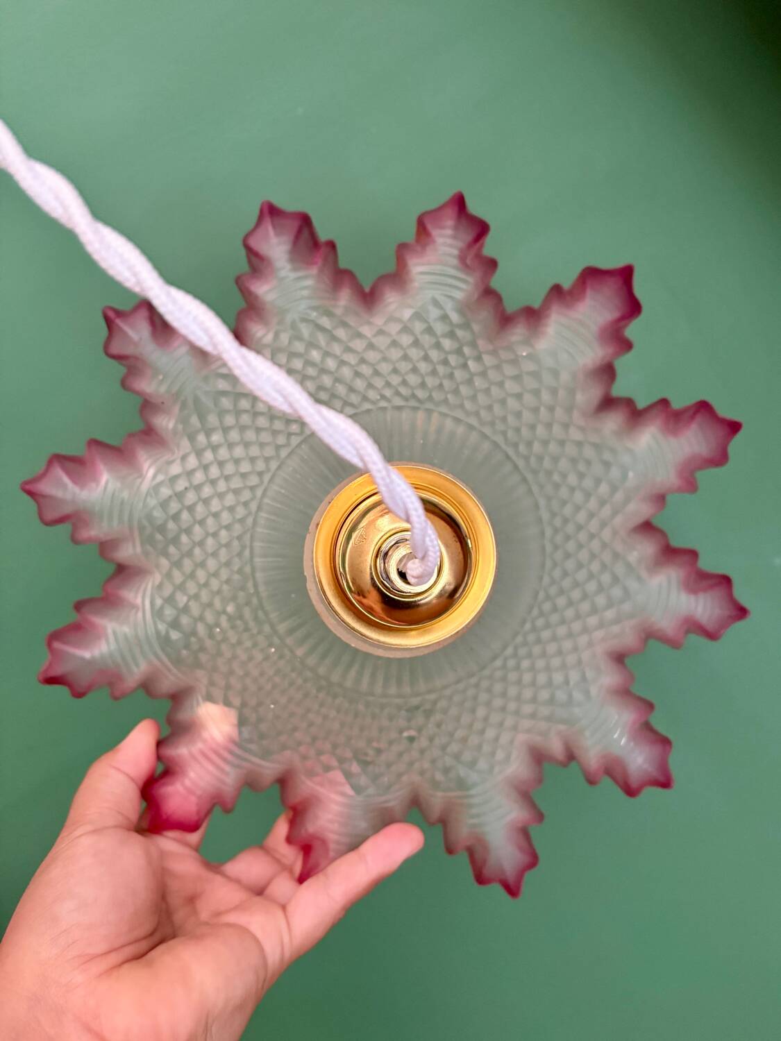 Vintage frosted glass pendant lampshade, half pink, half transparent