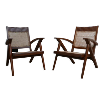 Pair of teak and cane mid-century armchairs