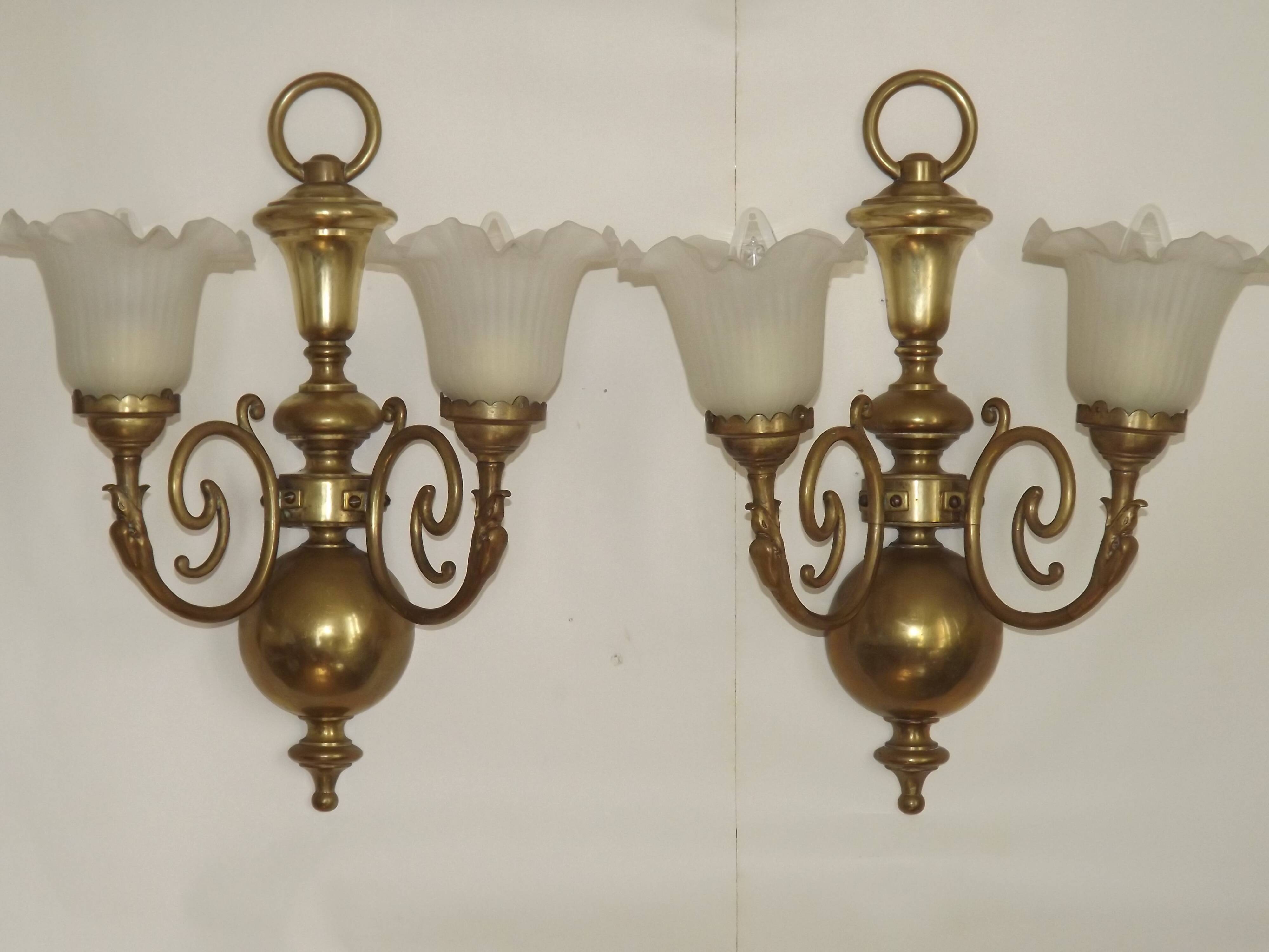 Large Pair of French Vintage Brass Empire Wall Lights with Swan Detail and Glass Shades 4884