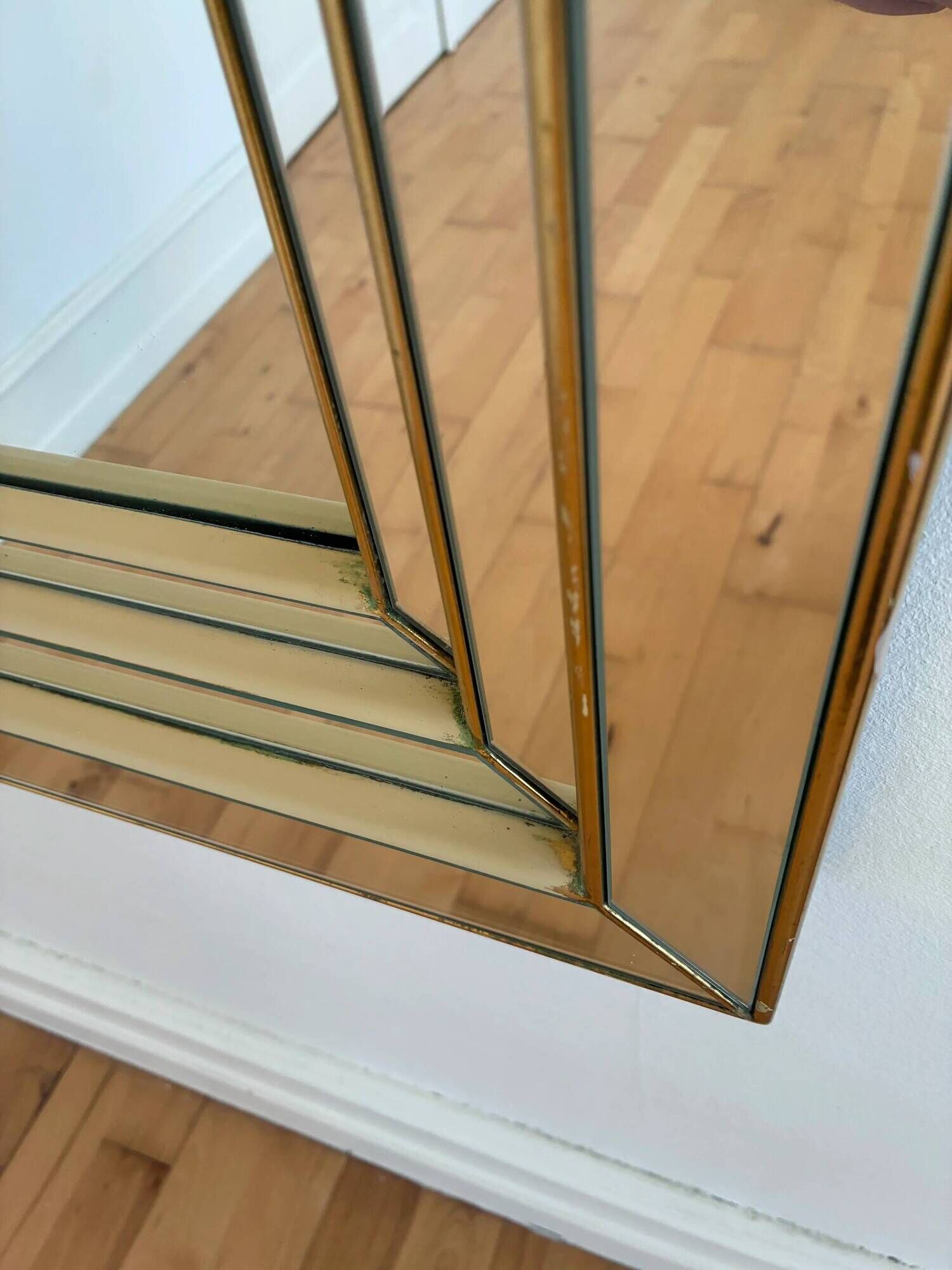 Large vintage Deknudt arched beveled panel mirror – gold, Belgium, 1980s