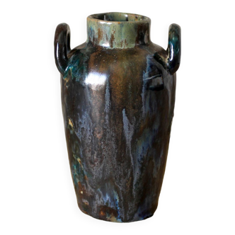 Jean Langlade enameled stoneware double-handled vase