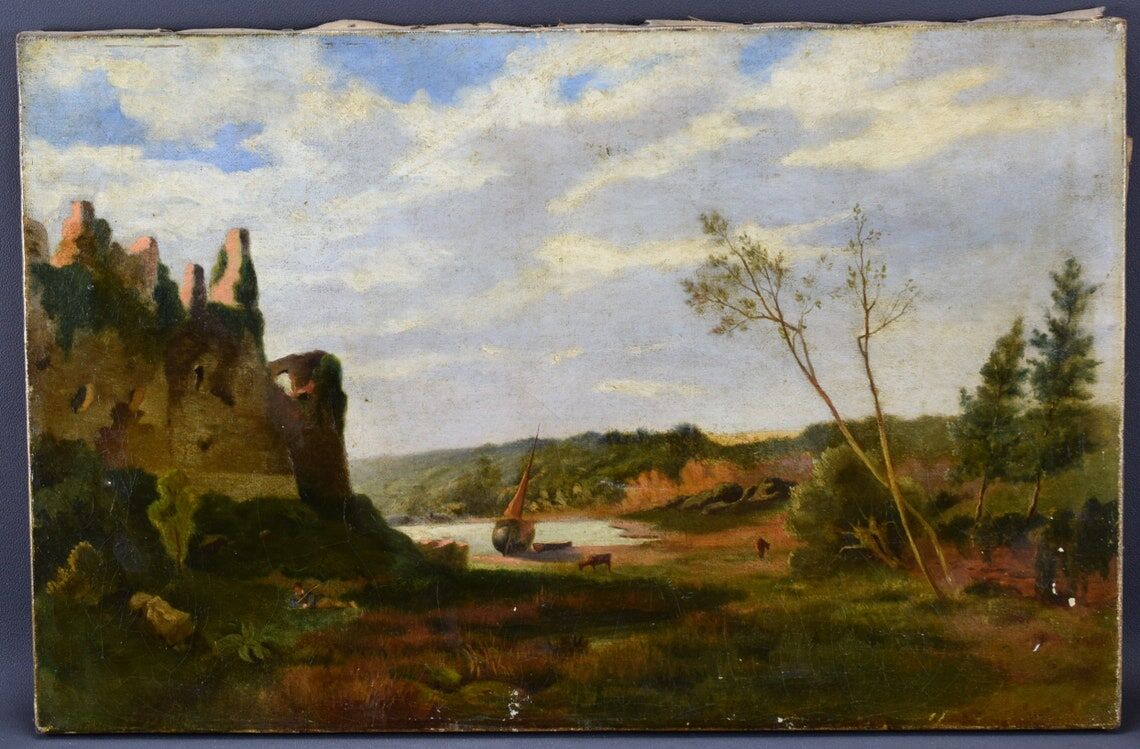 Old painting french pastoral school boat