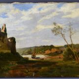 Old painting french pastoral school boat