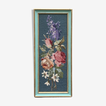 Canvas, hand embroidered, vintage tapestry, bouquet of flowers, framed in a pretty wooden frame