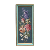 Canvas, hand embroidered, vintage tapestry, bouquet of flowers, framed in a pretty wooden frame