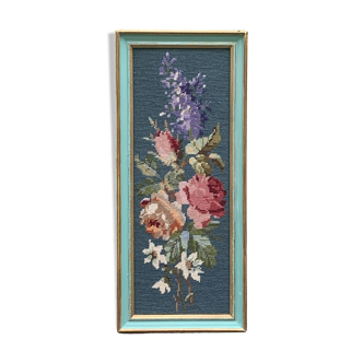 Canvas, hand embroidered, vintage tapestry, bouquet of flowers, framed in a pretty wooden frame