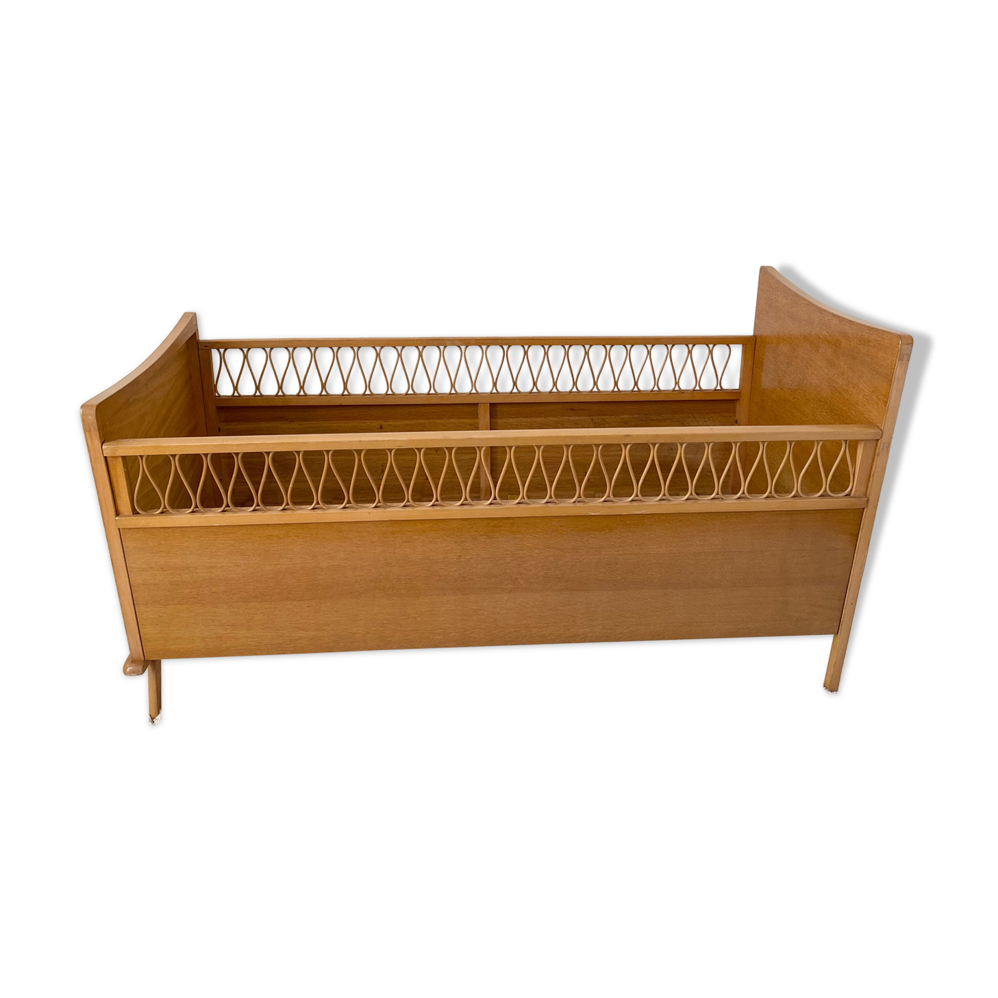 Vintage wooden baby cot and rattan strap