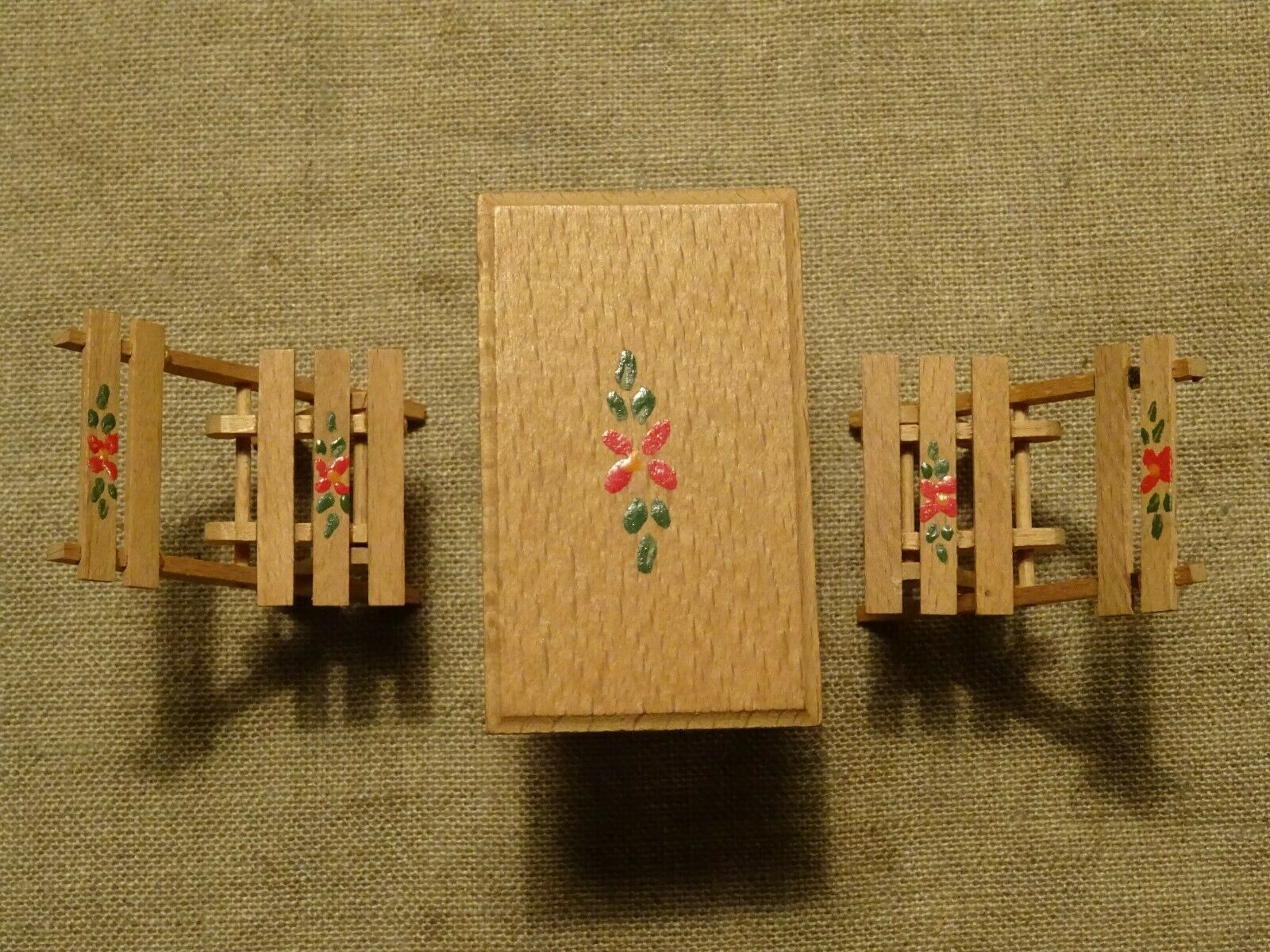 Old miniature doll table furniture and 2 folding garden furniture chairs