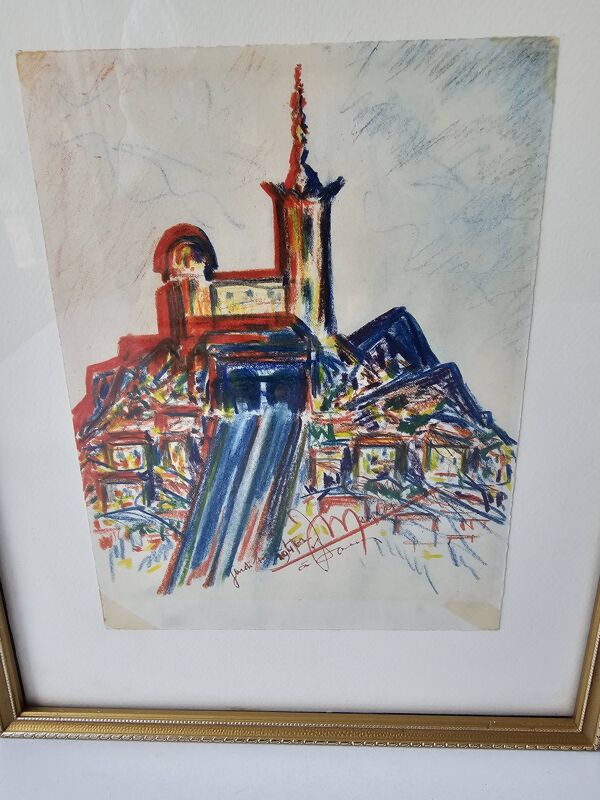 Tableau Pastel de Notre Dame de la garde Marseille Signé JM