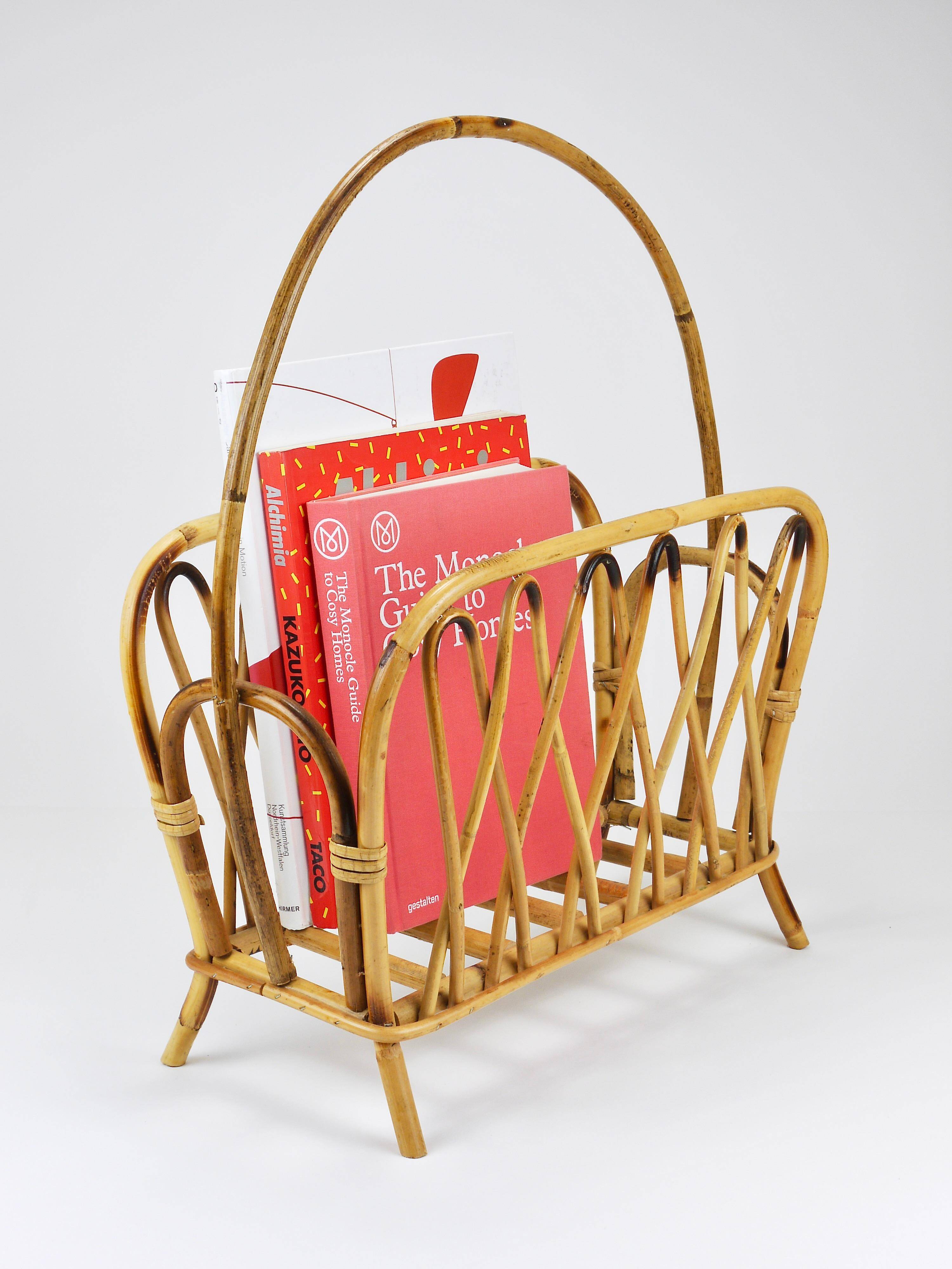 Bamboo and rattan magazine rack in the style of Franco Albini, Italy, 1970s.