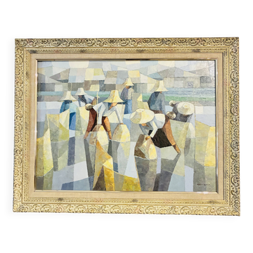 Cubist Oil on Canvas Tableau Rural Scene Asia Saard Thanomwong Signed