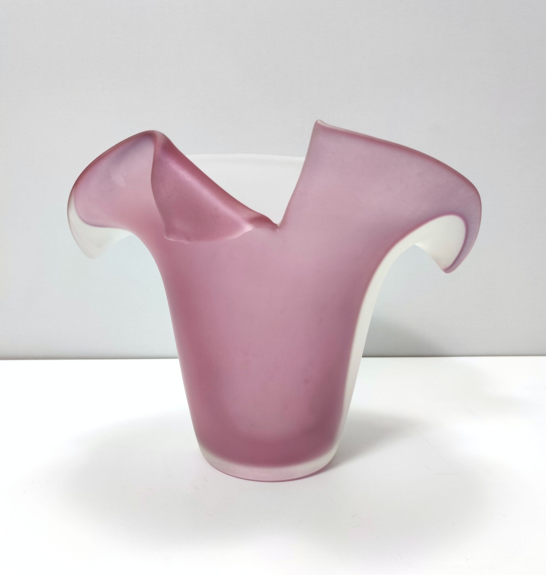 Stunning Double Color White and Pink Etched Murano Glass Vase, Italy, 1980s
