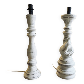 Pair of turned and bleached wood lamps