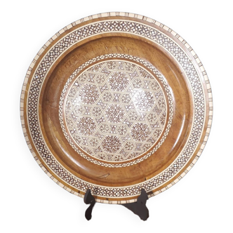 Moroccan carved wooden plate inlaid with vintage mother-of-pearl