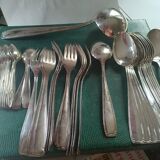 Silver metal cutlery. 12 spoons+12 forks+12 teaspoons+ladle. In box.