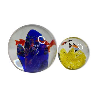 Set of two sulphides, glass paperweight with fish decorations