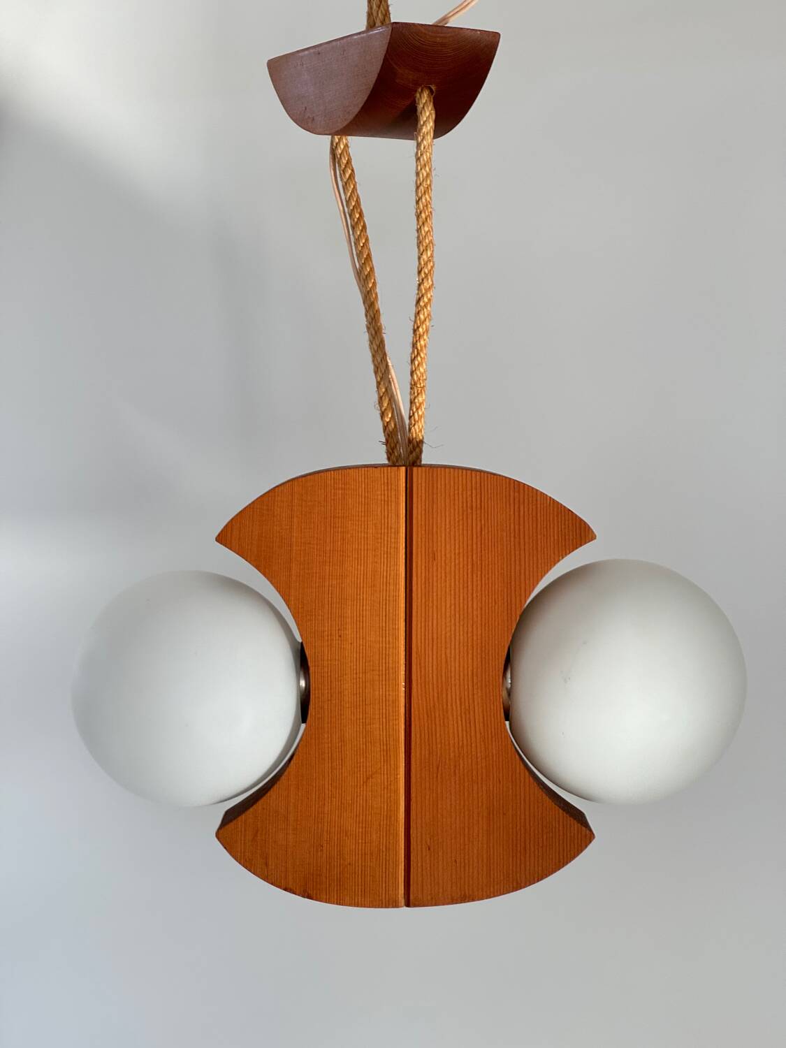 Scandinavian design chandelier pendant, rope, opaline and pine, from the 1980s