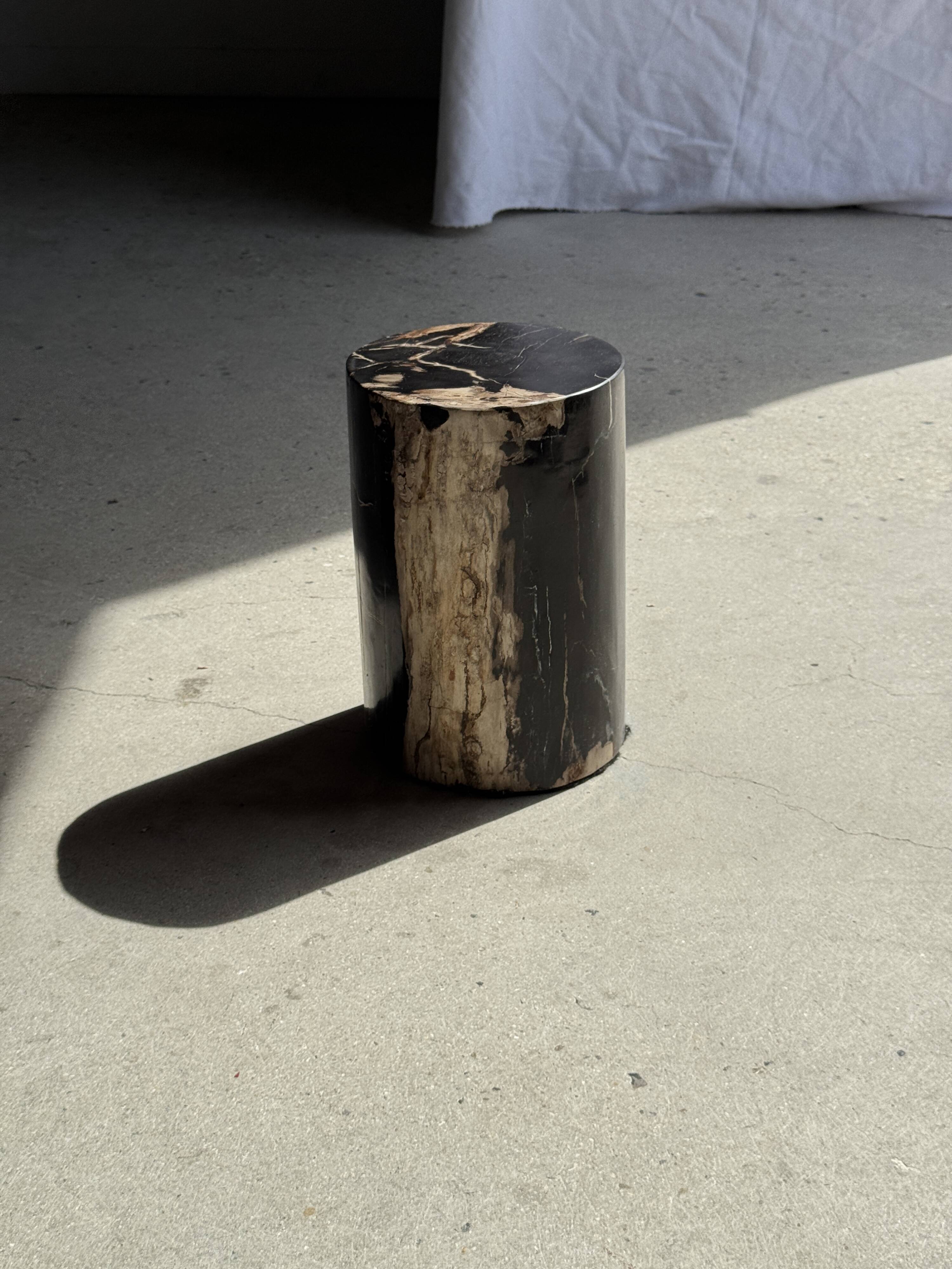 Small side table in black petrified wood with stripes and beige sides H28 D18.