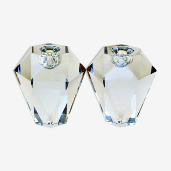 Swedish Diamond shaped pair of art glass candle holders by Asta Strömberg 1960s