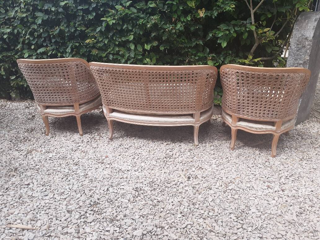 Louis XV style living room sofa and 2 armchairs - canework and carved wood