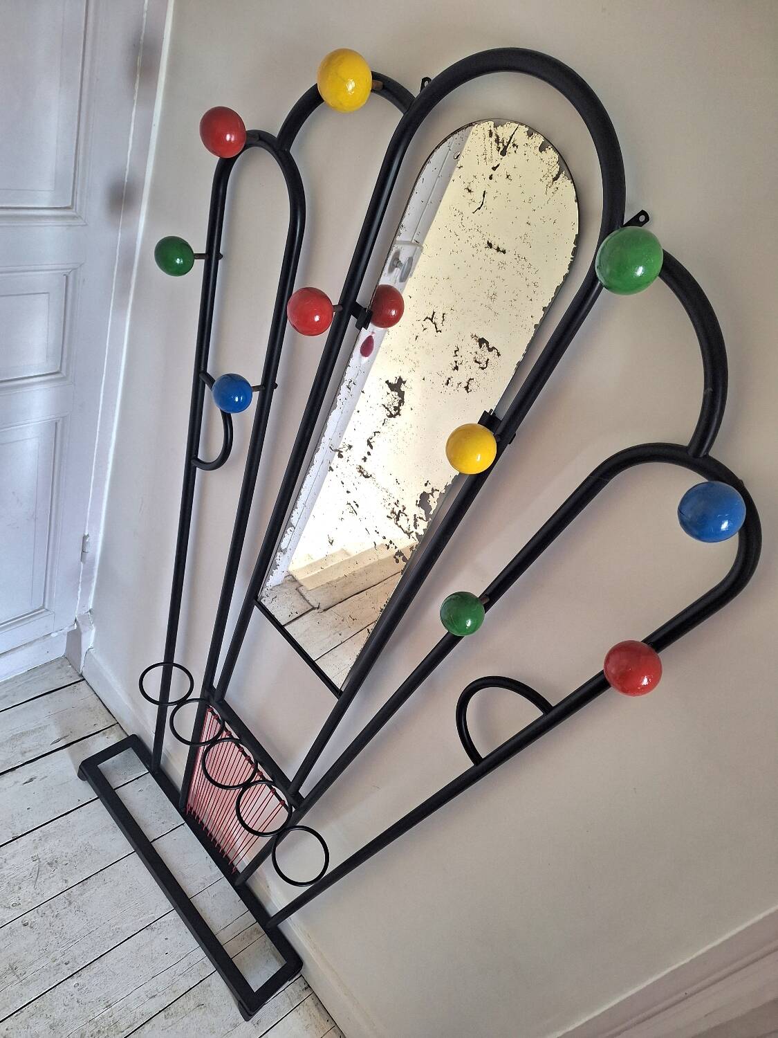 Vintage wooden and metal cloakroom, antique coat rack for entrance hall