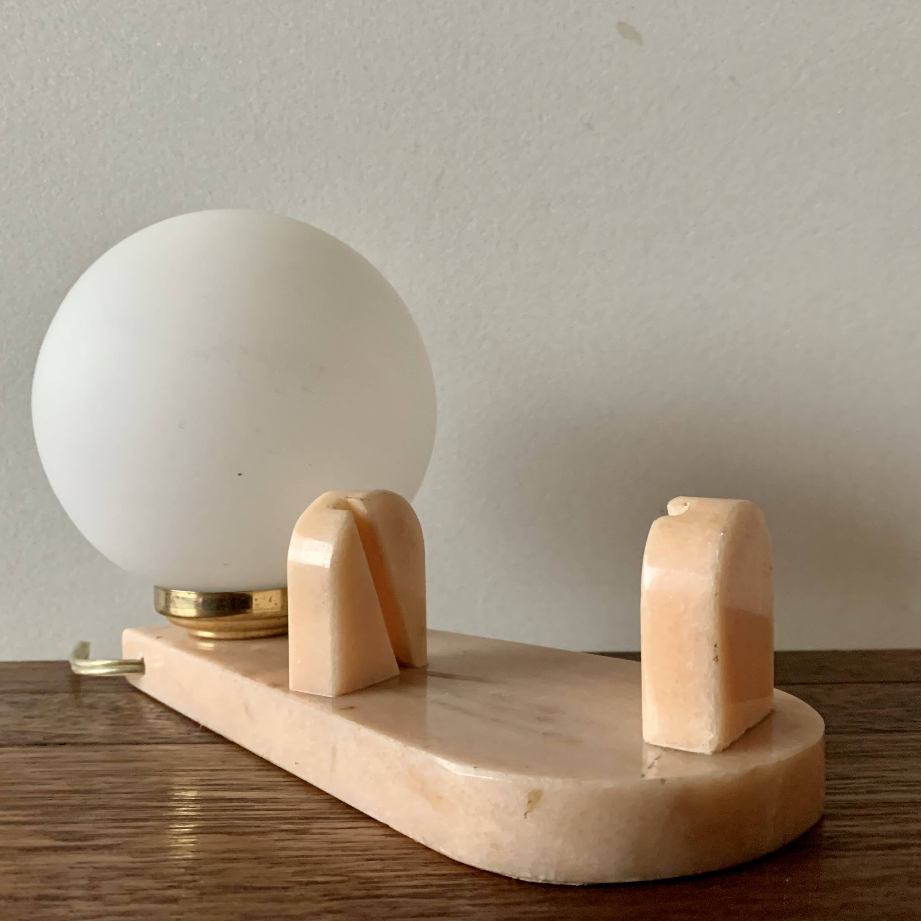 Art Deco pink marble and glass bedside lamp with photo holder