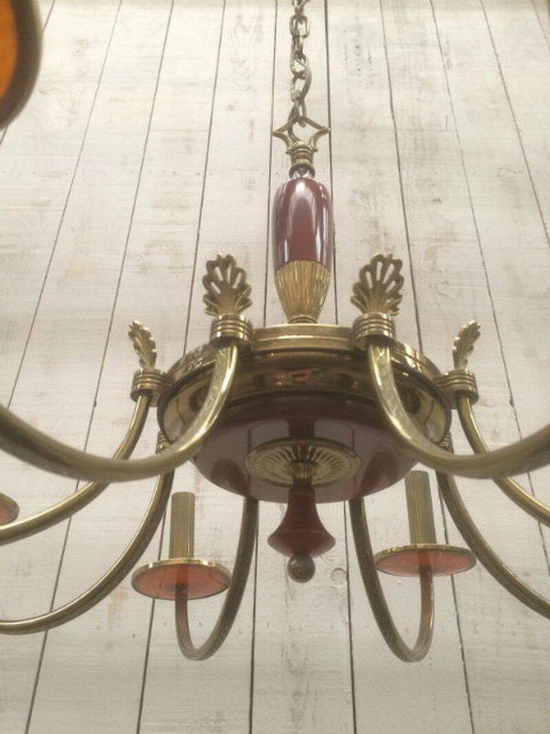 Brass and red plexiglass chandelier