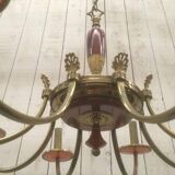 Brass and red plexiglass chandelier