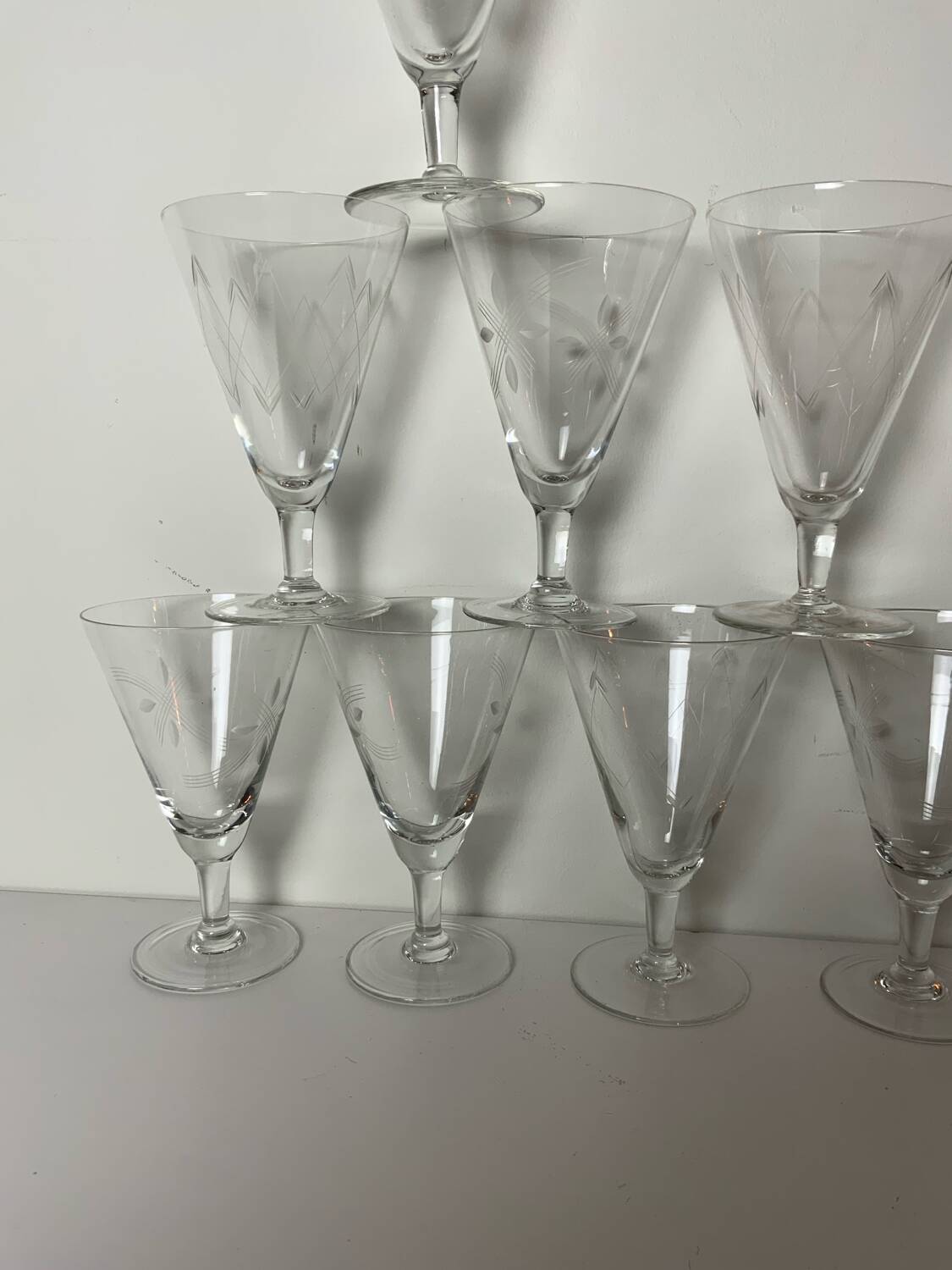 12 antique stemmed glasses