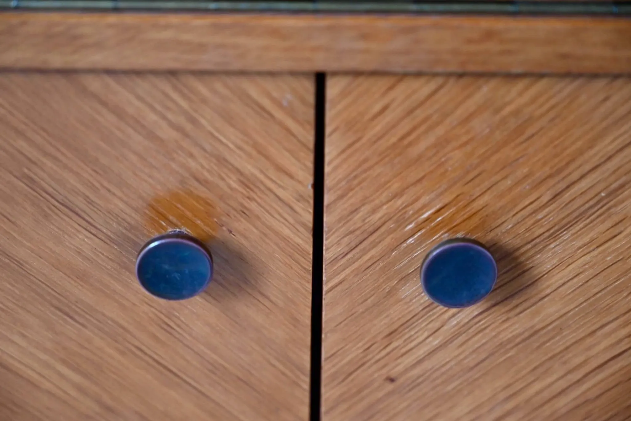 Vintage secretary bookcase from the 50s and 60s, oak with chevron marquetry.