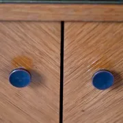 Vintage secretary bookcase from the 50s and 60s, oak with chevron marquetry.